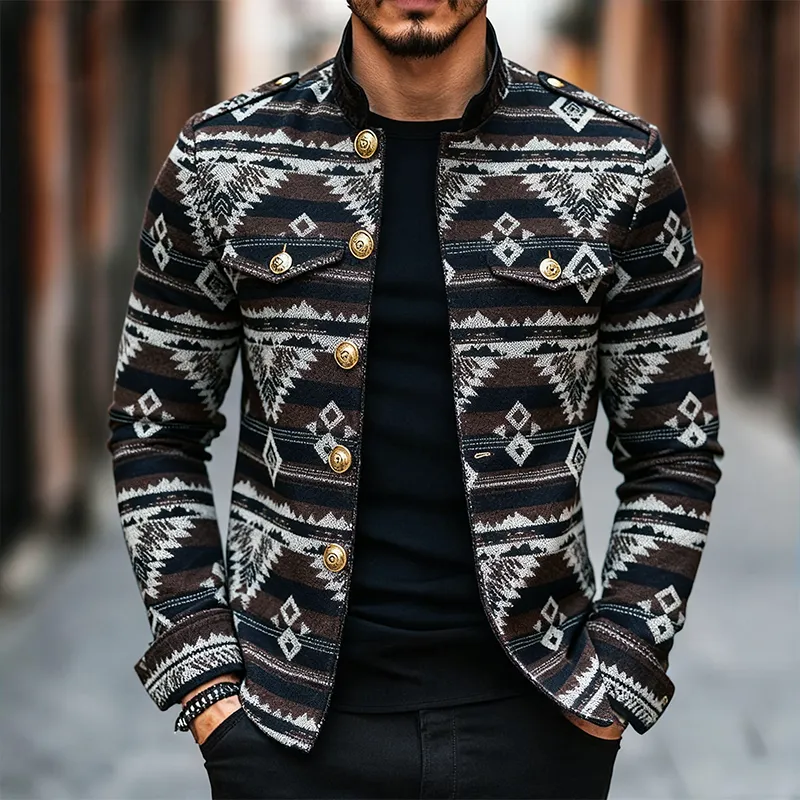 Men's Retro Casual Ethnic Style Geometric Stitching Stand Collar Jacket MTA1708J8TO sold by Manly product image thumbnail 2