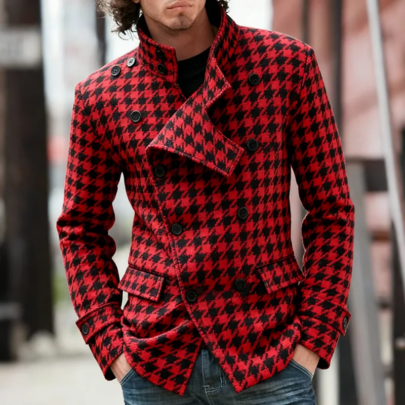 Men's Retro Casual Houndstooth Stand Collar Double Breasted Jacket MTA1728J9TO sold by Manly product image thumbnail 2