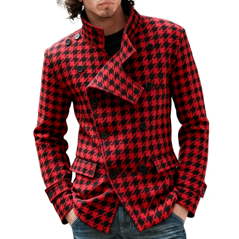 Men's Retro Casual Houndstooth Stand Collar Double Breasted Jacket MTA1728J9TO sold by Manly