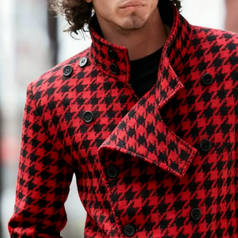 Men's Retro Casual Houndstooth Stand Collar Double Breasted Jacket MTA1728J9TO sold by Manly product image thumbnail 3