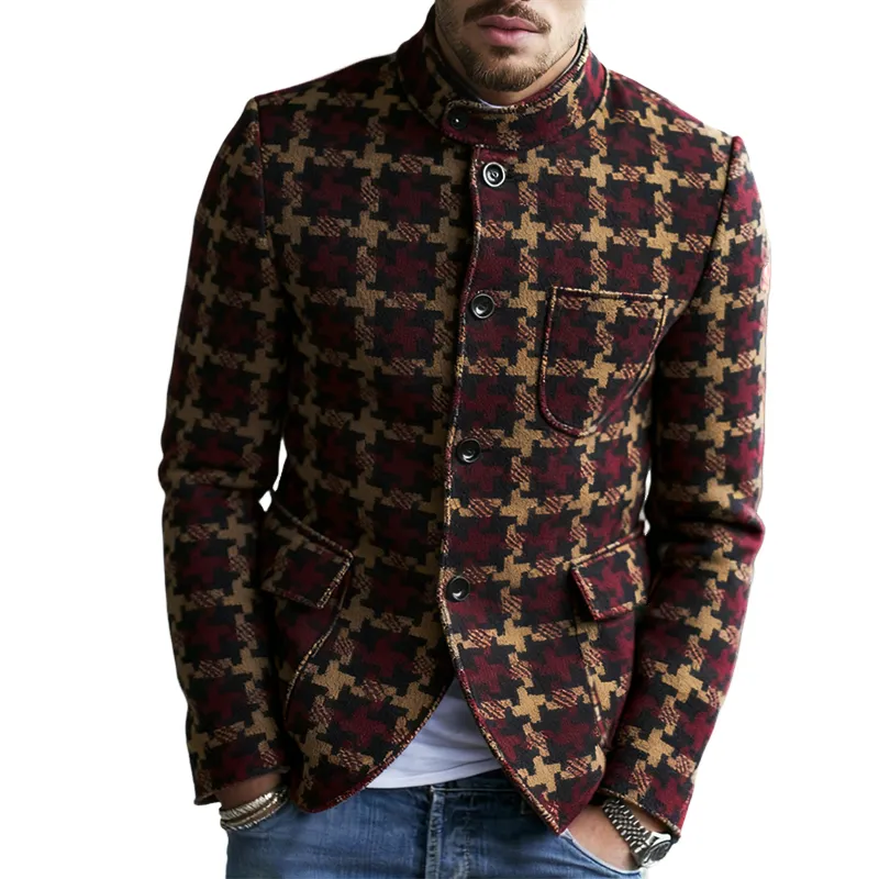 Men's Retro Casual Plaid Stand Collar Jacket MTA1771J2TO sold by Manly