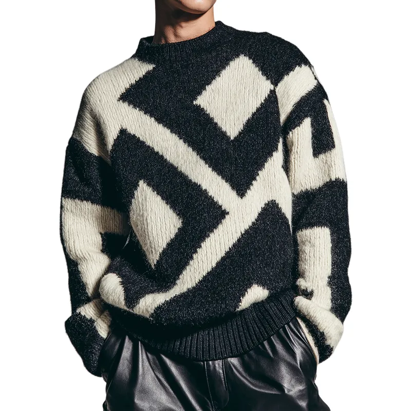 Men's Retro Casual Geometric Knitted Crew Neck Pullover Sweater MTA1728J2TO made by Manly