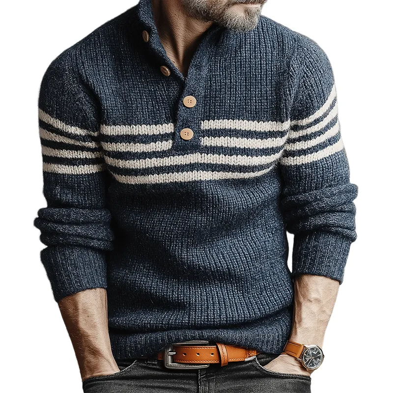 Men's Retro Casual Striped Knitted Button Stand Collar Pullover Sweater MTA1745J4TO sold by Manly