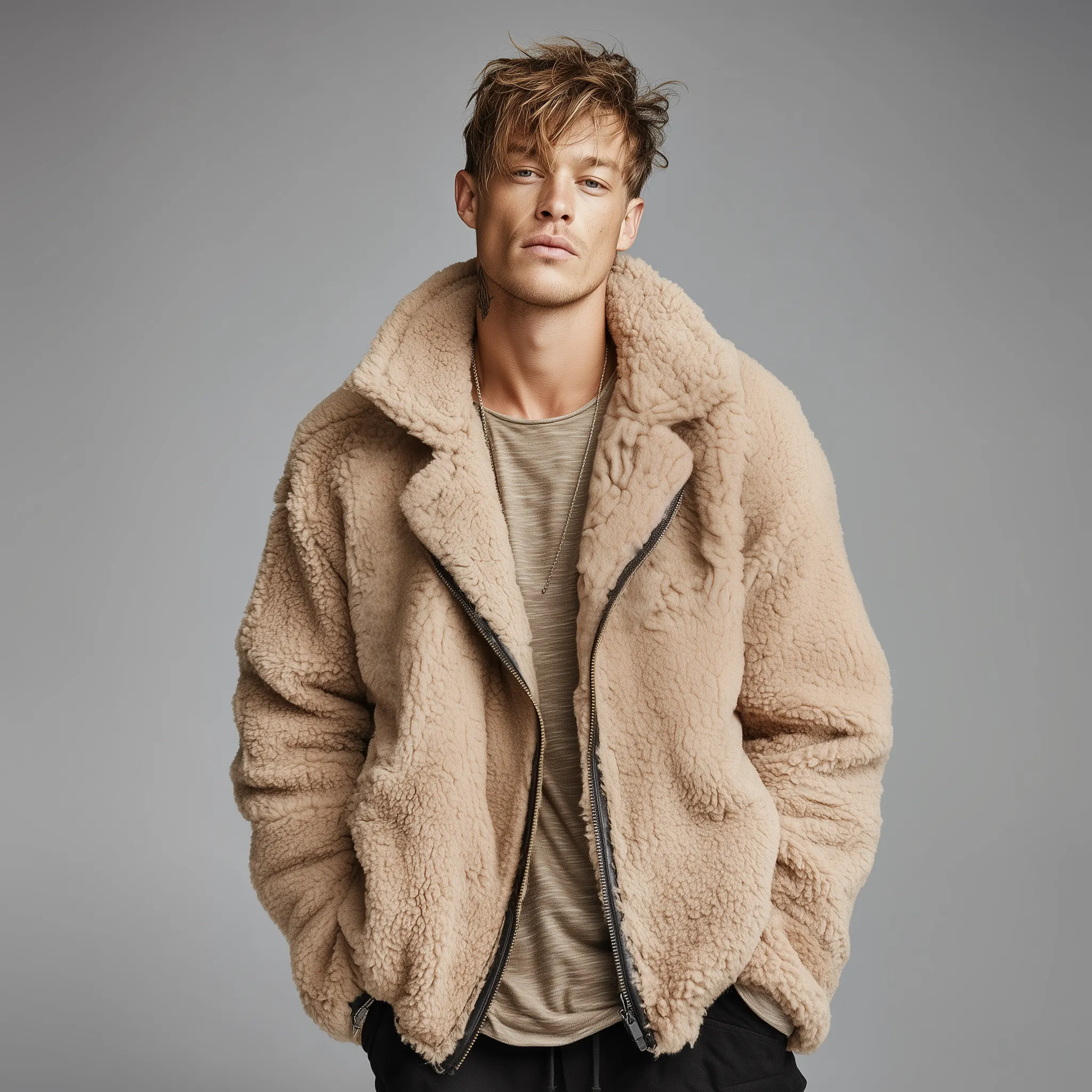 Men's Classic Casual Lapel Zipper Teddy Fleece Jacket MTA2089J2K sold by Manly product image thumbnail 2