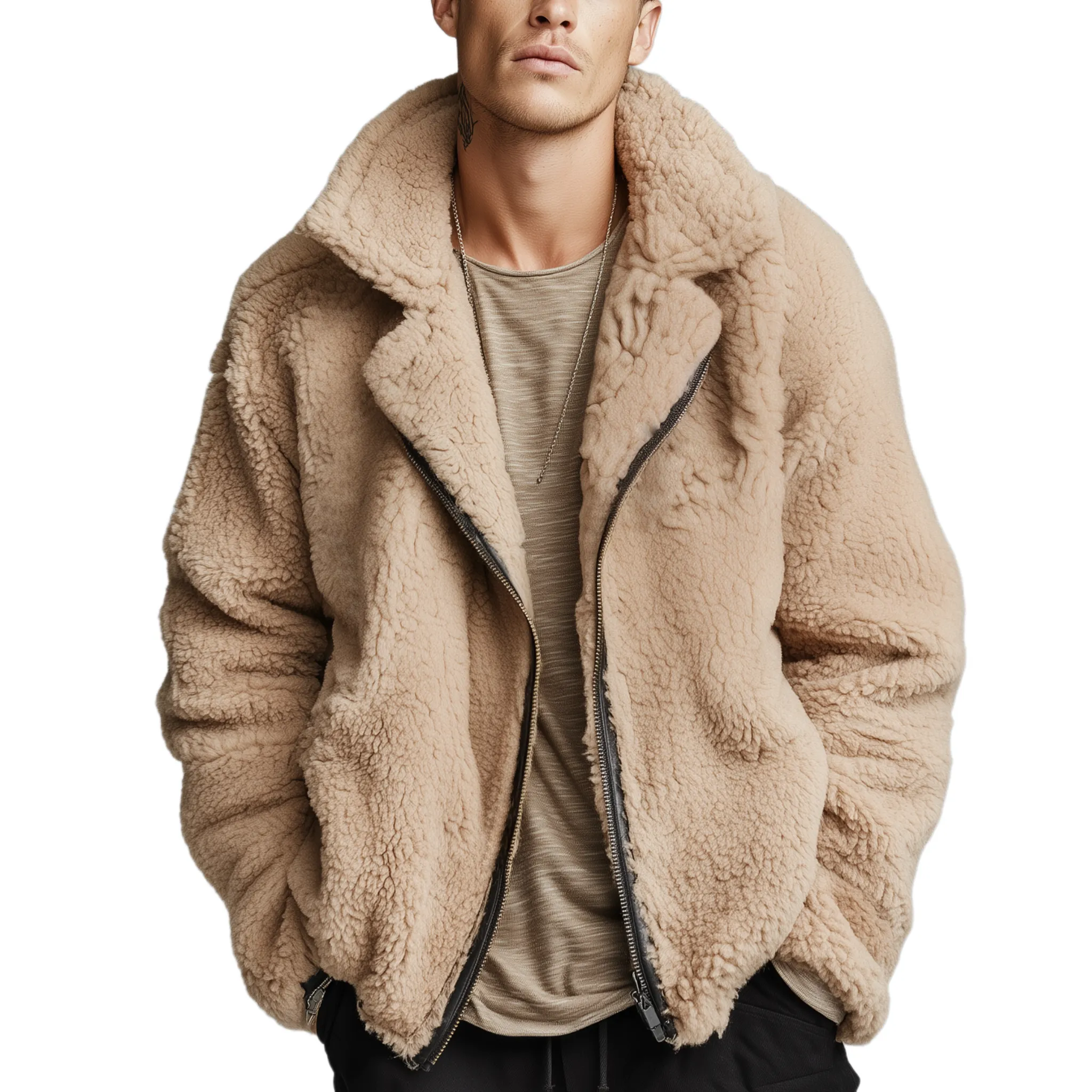 Men's Classic Casual Lapel Zipper Teddy Fleece Jacket MTA2089J2K sold by Manly