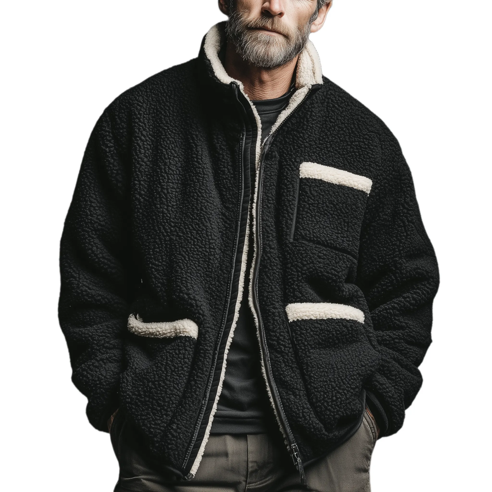 Men's Classic Casual Stand-up Collar Multi-pocket Teddy Fleece Jacket MTA2039J5K sold by Manly