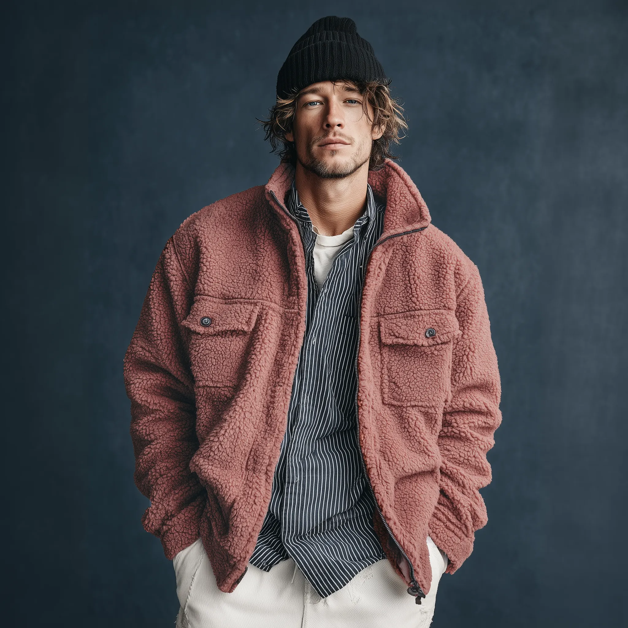 Men's Classic Casual Stand-up Collar Zipper Pink Teddy Fleece Jacket MTA2047J9K sold by Manly product image thumbnail 2