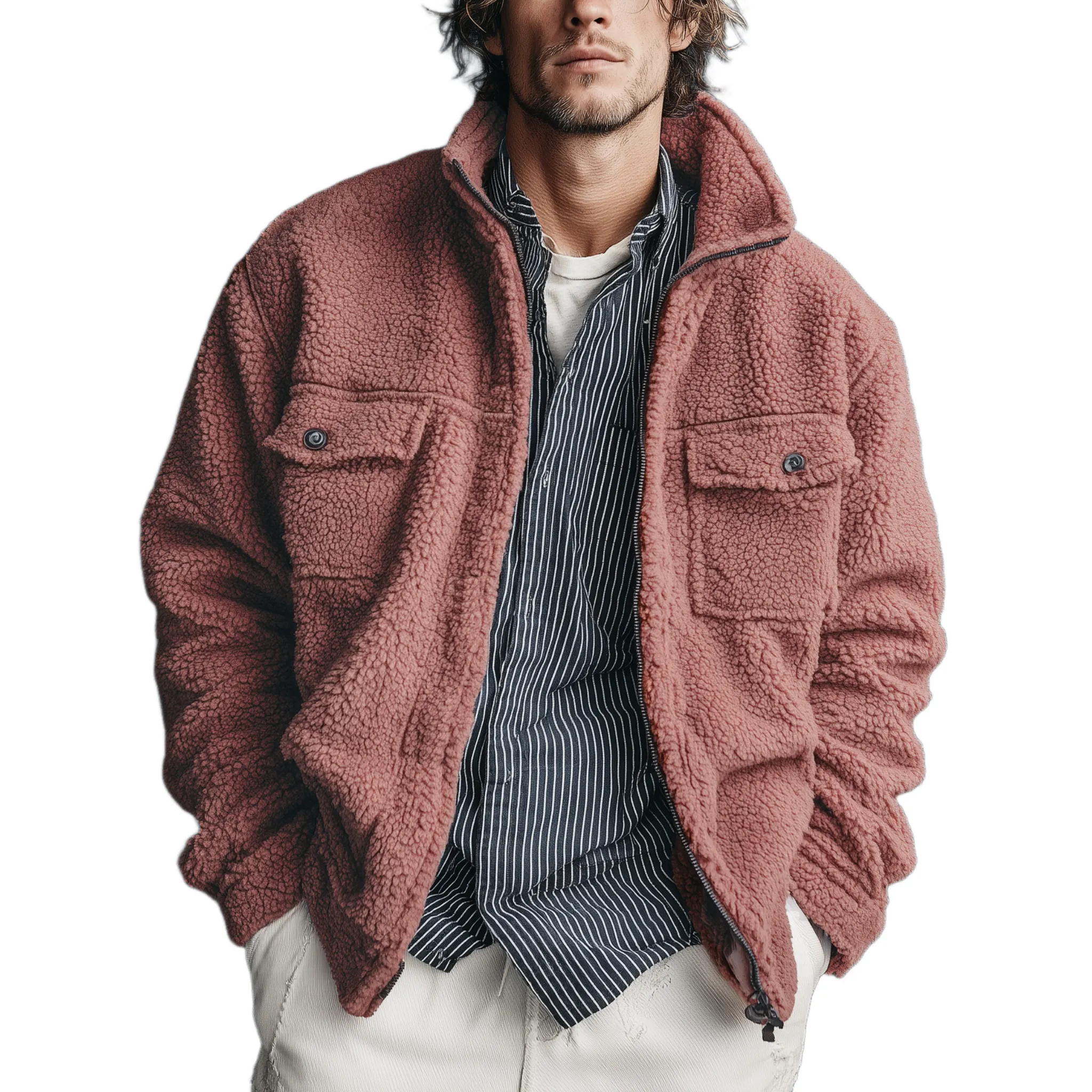 Men's Classic Casual Stand-up Collar Zipper Pink Teddy Fleece Jacket MTA2047J9K sold by Manly