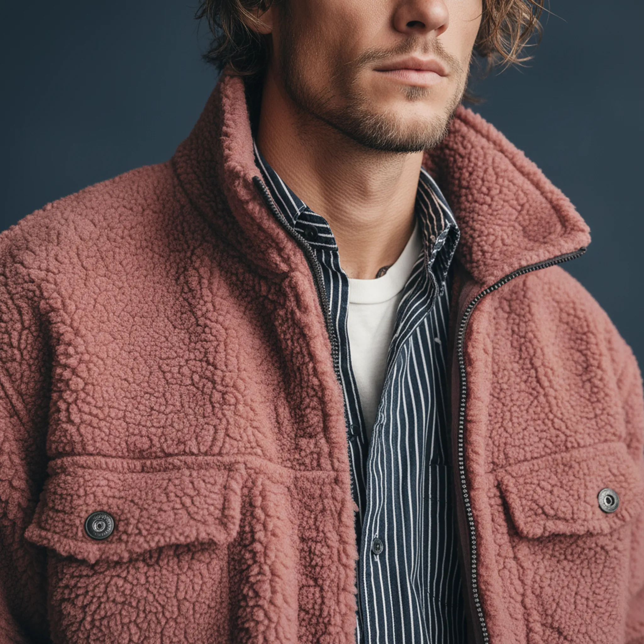 Men's Classic Casual Stand-up Collar Zipper Pink Teddy Fleece Jacket MTA2047J9K sold by Manly product image thumbnail 5