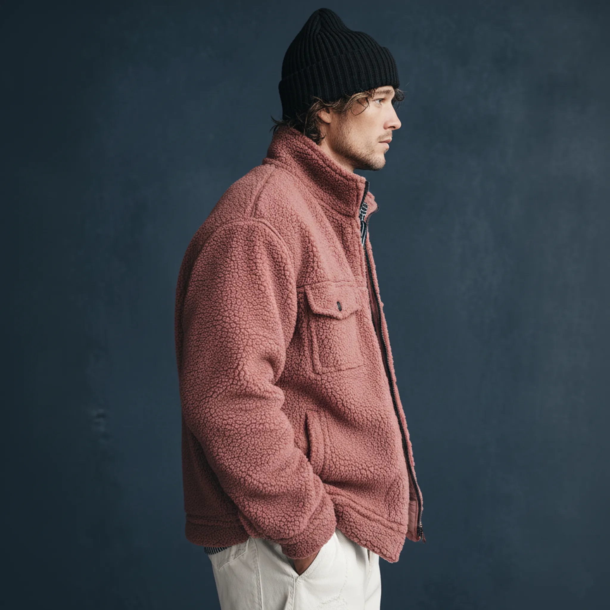 Men's Classic Casual Stand-up Collar Zipper Pink Teddy Fleece Jacket MTA2047J9K sold by Manly product image thumbnail 3