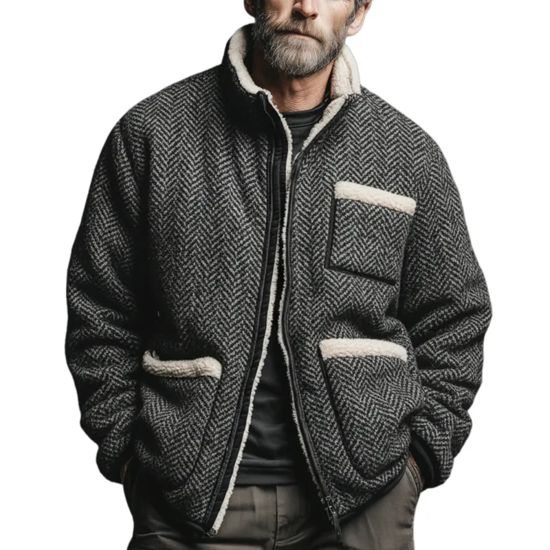 Men's Classic Casual Stand-up Collar Lambswool Lining Zipper Faux Herringbone Wool Jacket MTA2075J8K sold by Manly
