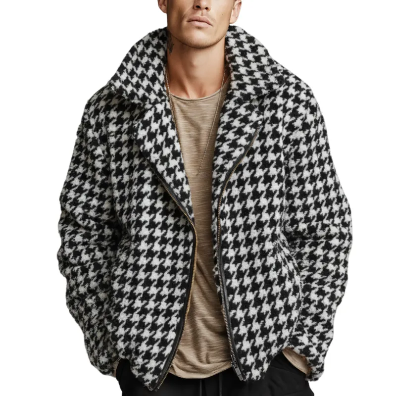 Men's Classic Casual Lapel Zipper Houndstooth Faux Sherpa Jacket MTA2063J0K sold by Manly