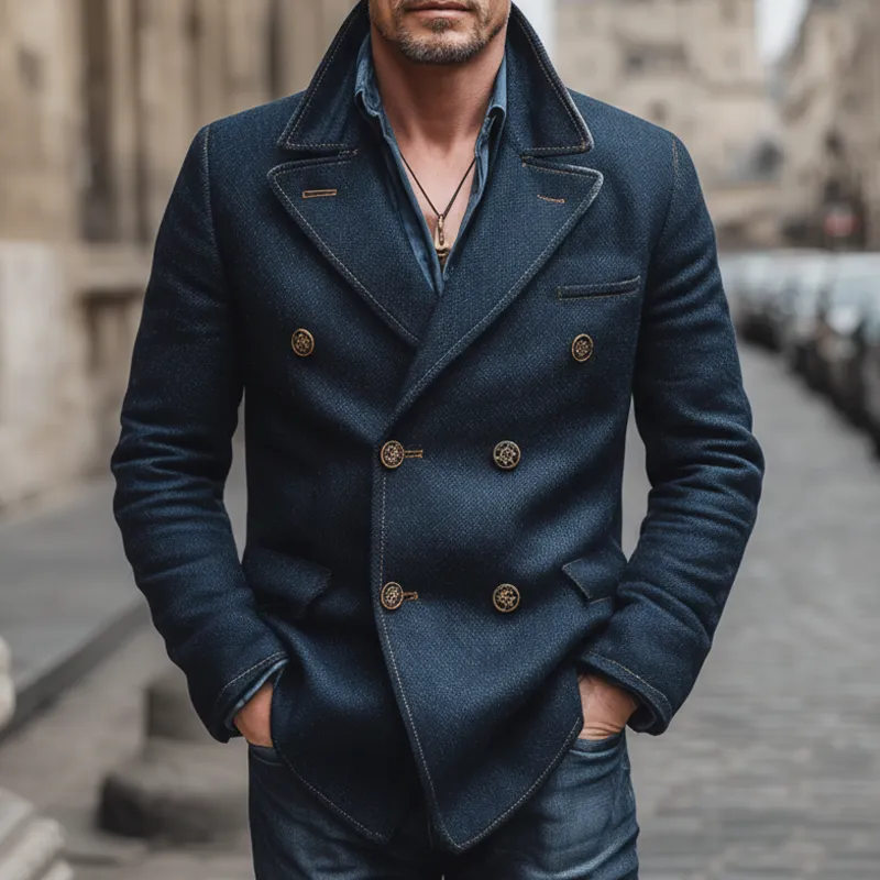 Men's Classic Navy Blue Double-breasted Faux Wool Blazer MTA2041J0U sold by Manly product image thumbnail 3