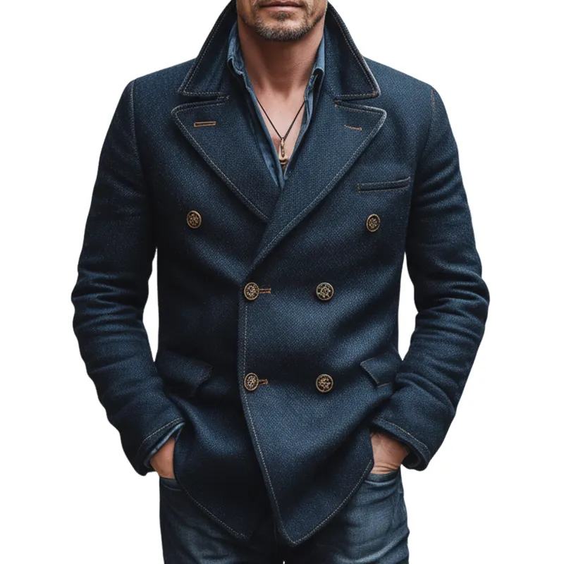 Men's Classic Navy Blue Double-breasted Faux Wool Blazer MTA2041J0U sold by Manly