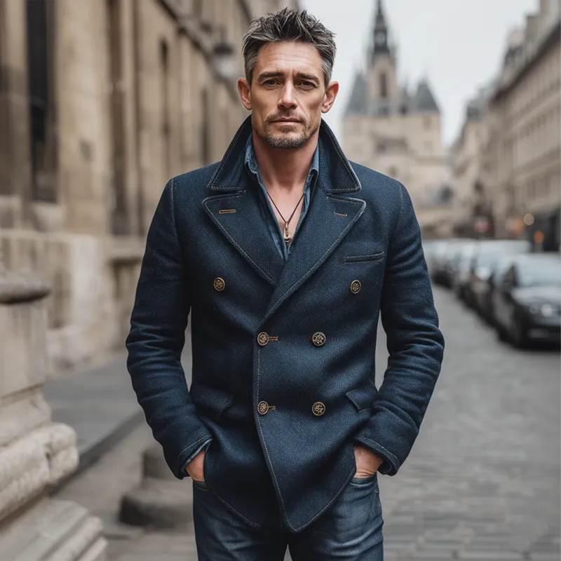 Men's Classic Navy Blue Double-breasted Faux Wool Blazer MTA2041J0U sold by Manly product image thumbnail 2