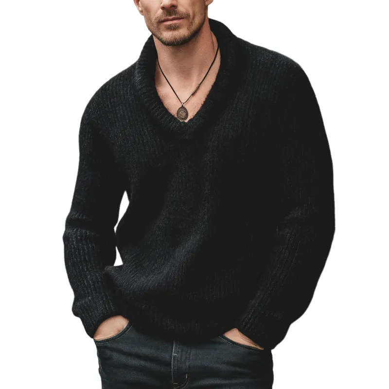 Men's Classic Thick Pure Black V-neck Pullover Casual Sweater MTA2031J8U made by Manly