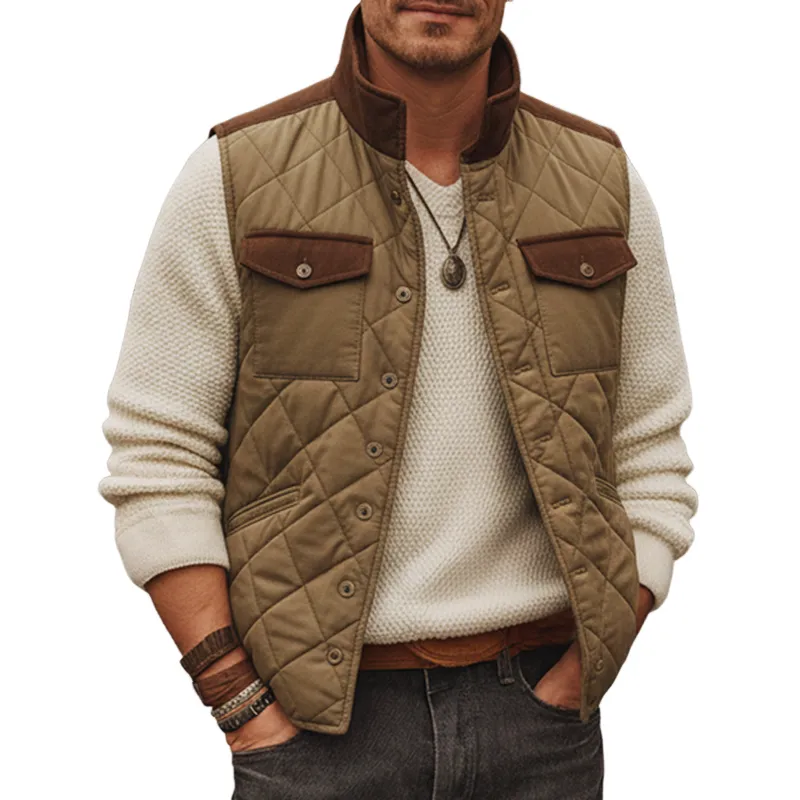 Men's Classic Colorblock Quilted Stand Collar Button Vest MTA2021J2U sold by Manly