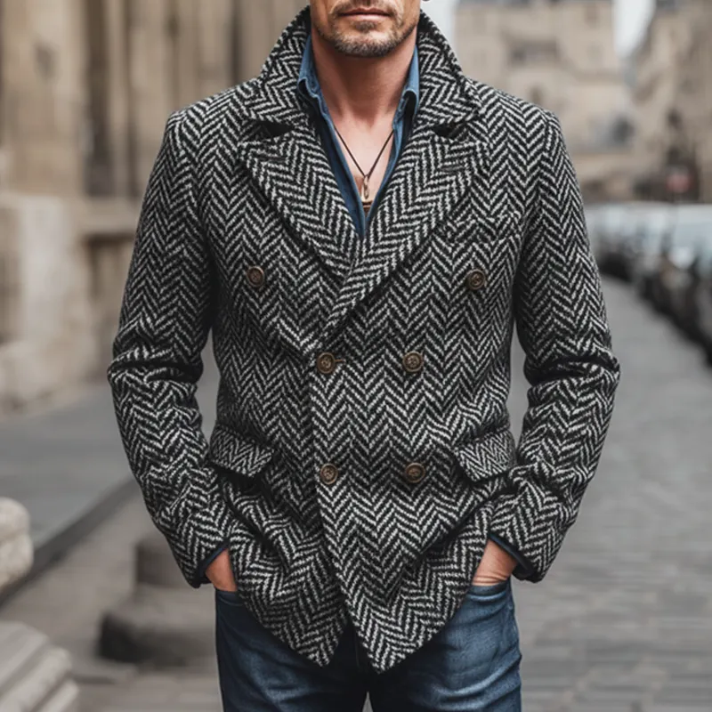 Men's Classic Herringbone Double-Breasted Faux Wool Blazer MTA2029J0U sold by Manly product image thumbnail 3