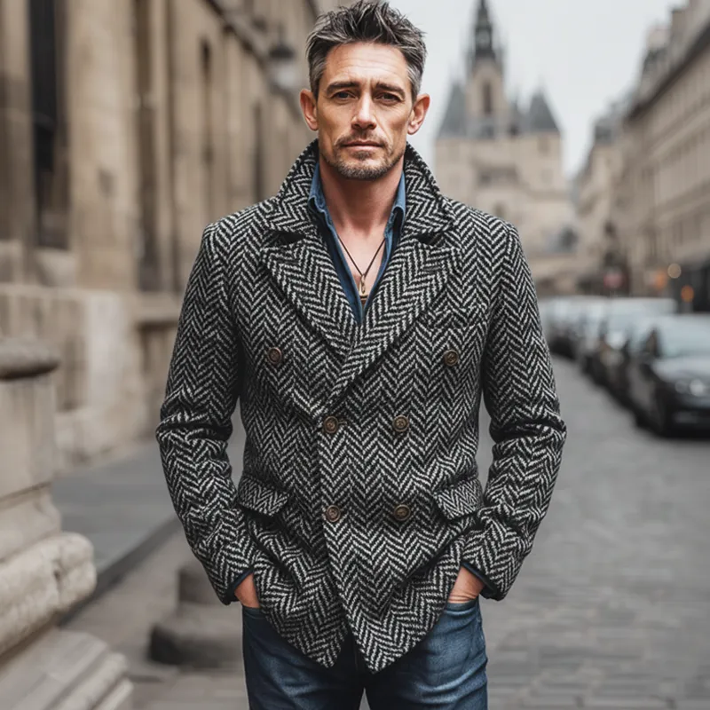 Men's Classic Herringbone Double-Breasted Faux Wool Blazer MTA2029J0U sold by Manly product image thumbnail 2