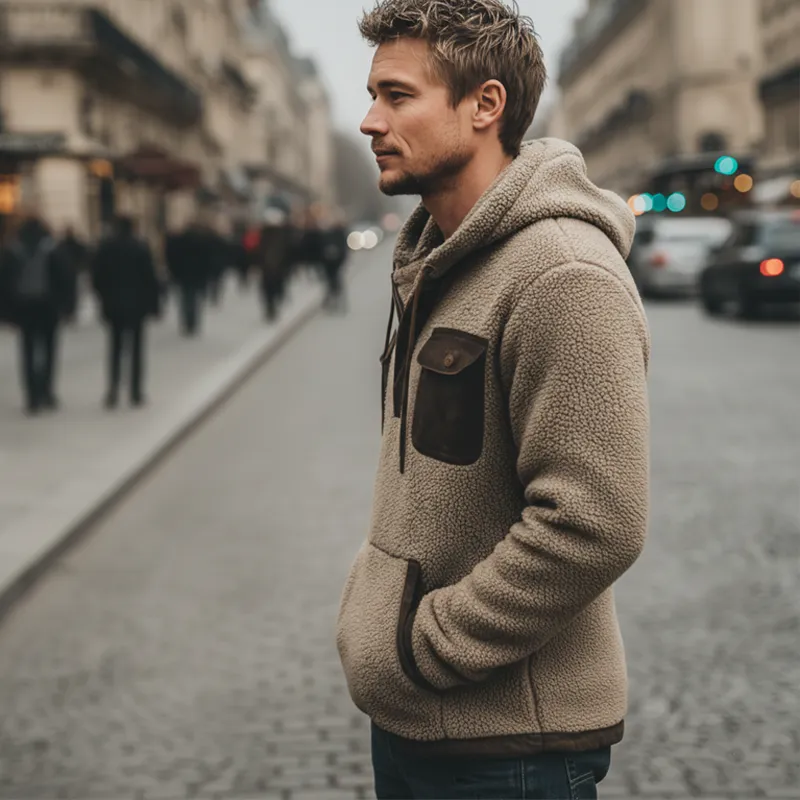 Men's Retro Coarse Grain Polar Fleece Colorblock Casual Hoodie MTA2041J5U sold by Manly product image thumbnail 3