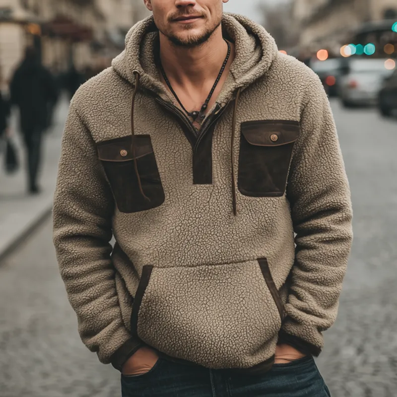 Men's Retro Coarse Grain Polar Fleece Colorblock Casual Hoodie MTA2041J5U sold by Manly product image thumbnail 5