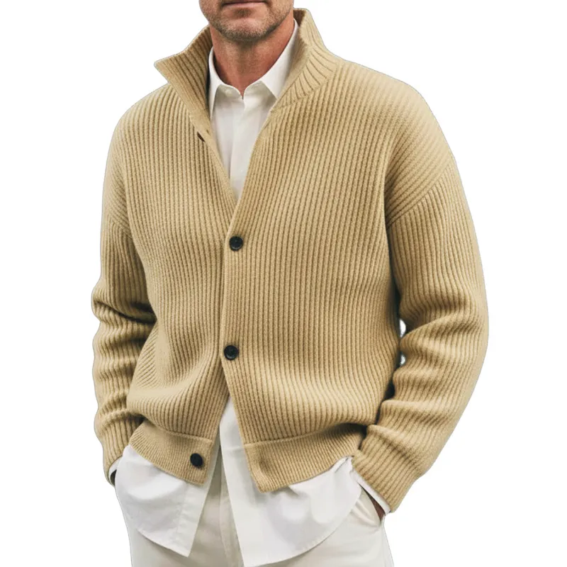 Men's Classic Beige Stand Collar Button Knit Cardigan MTA1736J4U sold by Manly