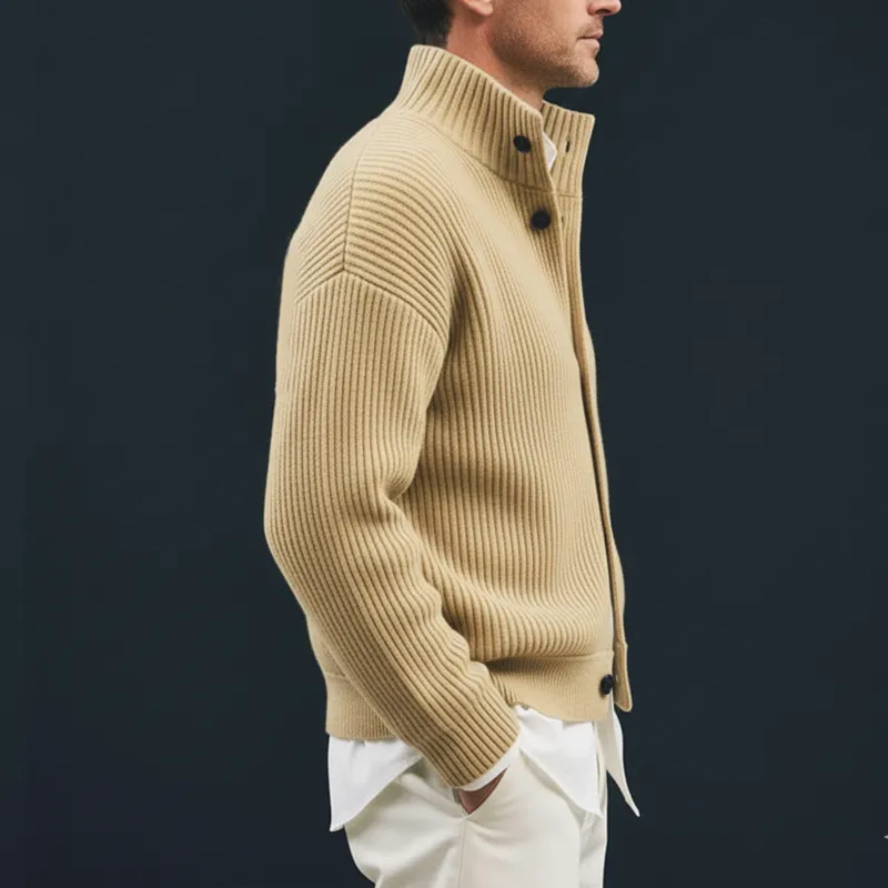 Men's Classic Beige Stand Collar Button Knit Cardigan MTA1736J4U sold by Manly product image thumbnail 3