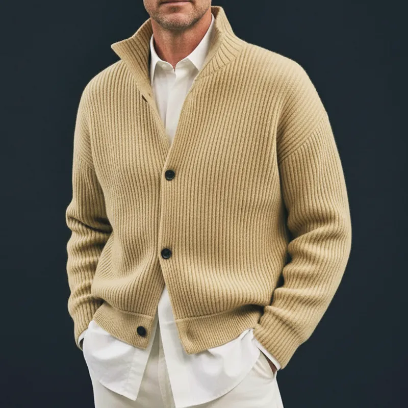 Men's Classic Beige Stand Collar Button Knit Cardigan MTA1736J4U sold by Manly product image thumbnail 2