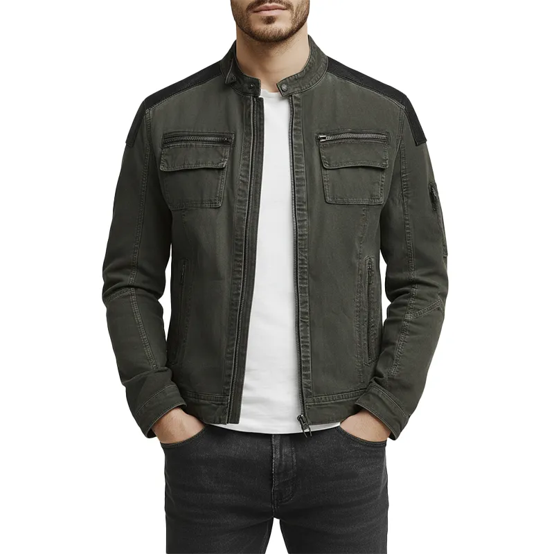 Men's Winter Vintage Washed Denim PU Patch Bomber Jacket MTA2071J5P sold by Manly