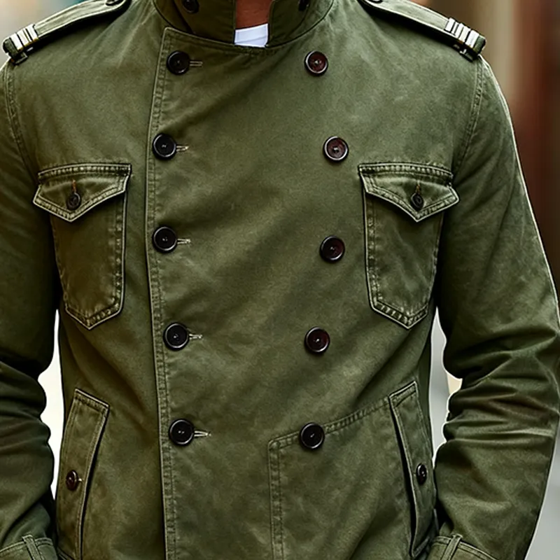 Men's Vintage Washed Cotton Double Breasted Stand Collar Jacket MTA1717J6X sold by Manly product image thumbnail 4