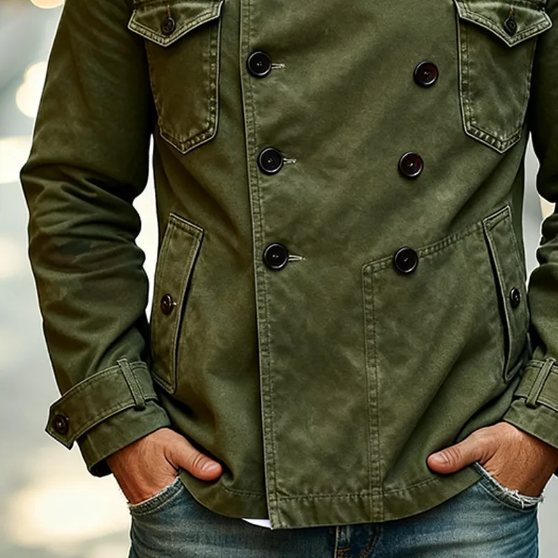 Men's Vintage Washed Cotton Double Breasted Stand Collar Jacket MTA1717J6X sold by Manly product image thumbnail 3