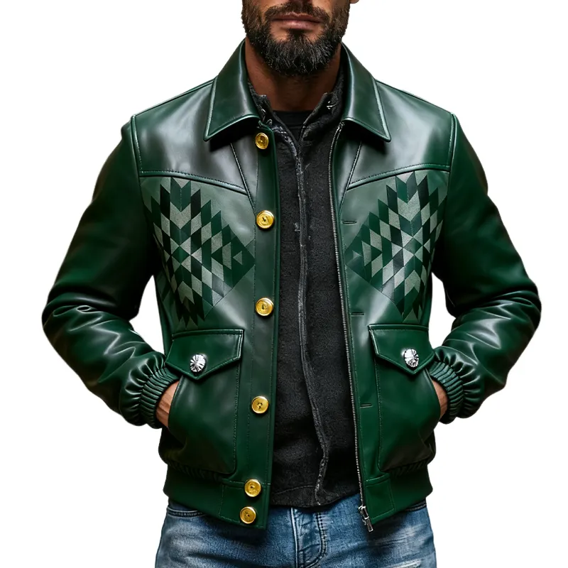 Men's Retro Geometric Print Lapel PU Single Breasted Jacket MTA2023J8X sold by Manly