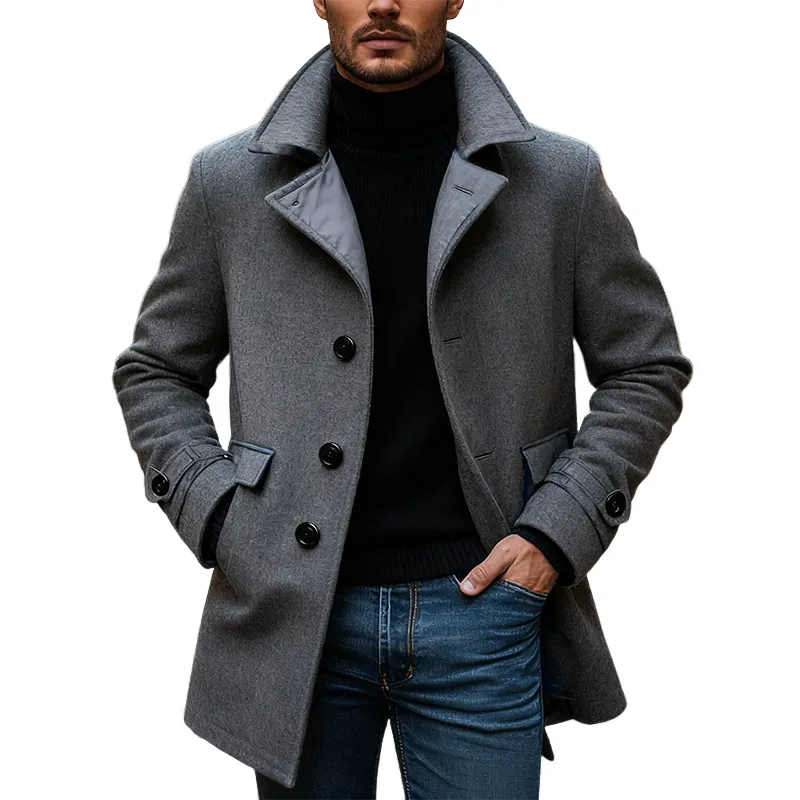 Men's Casual Solid Color Imitation Wool Single-breasted Mid-length Coat MTA2036J8X sold by Manly