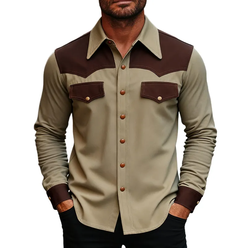 Men's Western Cowboy Style Colorblock Long Sleeve Shirt MTA2004J8X sold by Manly