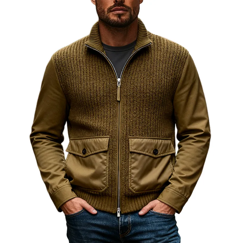 Men's Retro Casual Stitching Stand Collar Zipper Knit Cardigan MTA2061J4X sold by Manly