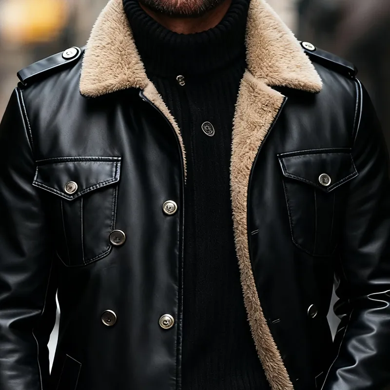 Men's Lapel Polar Fleece Lining Multi-pocket Mid-length PU Coat MTA1707J5X sold by Manly product image thumbnail 3