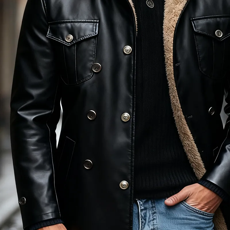 Men's Lapel Polar Fleece Lining Multi-pocket Mid-length PU Coat MTA1707J5X sold by Manly product image thumbnail 4