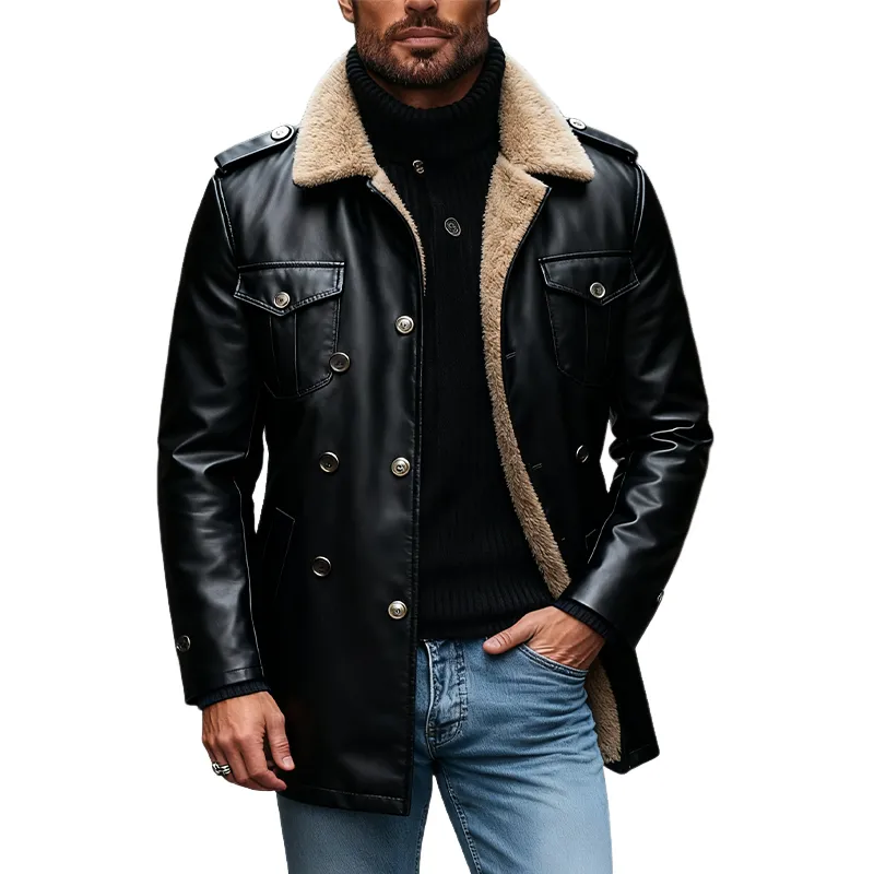 Men's Lapel Polar Fleece Lining Multi-pocket Mid-length PU Coat MTA1707J5X sold by Manly