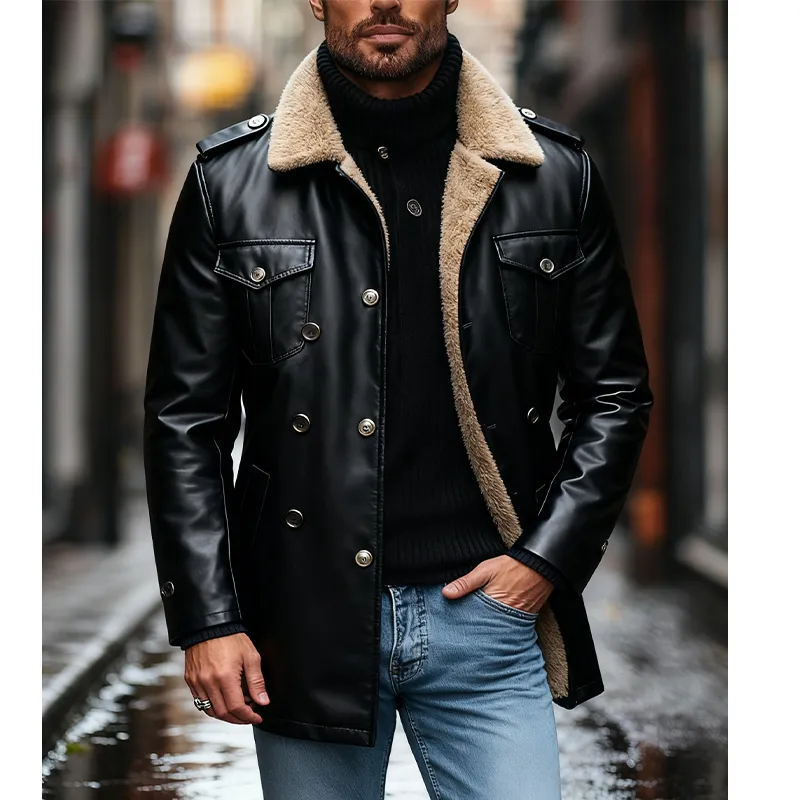 Men's Lapel Polar Fleece Lining Multi-pocket Mid-length PU Coat MTA1707J5X sold by Manly product image thumbnail 2