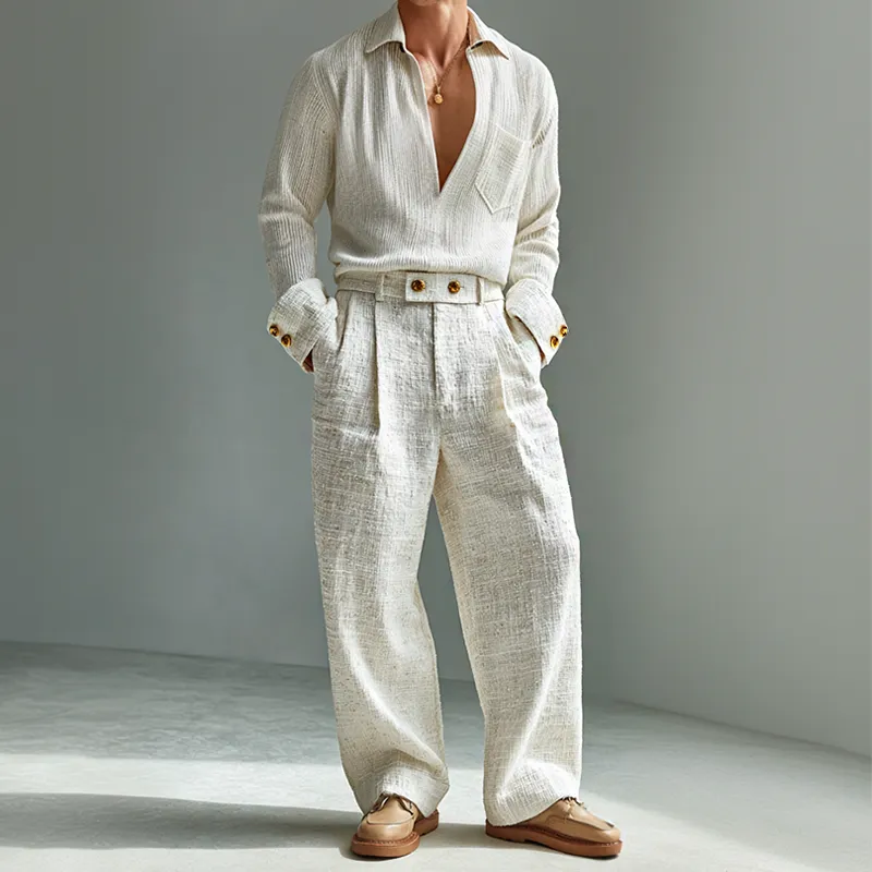 Men's Retro Casual Old Money Style Lapel Long-sleeved Shirt And Pants Two-piece Set MTA2432J3TO sold by Manly product image thumbnail 3