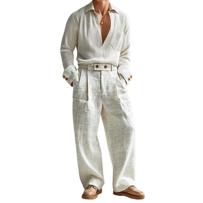 Men's Retro Casual Old Money Style Lapel Long-sleeved Shirt And Pants Two-piece Set MTA2432J3TO made by Manly