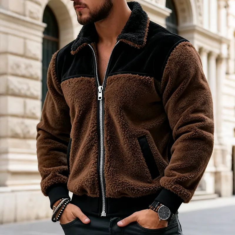 Men's Retro Casual Plush Colorblock Zipper Lapel Jacket MTA2493J2TO sold by Manly product image thumbnail 2