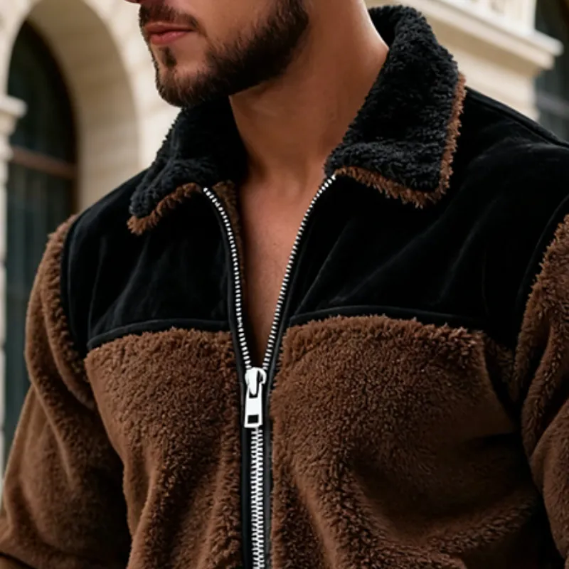 Men's Retro Casual Plush Colorblock Zipper Lapel Jacket MTA2493J2TO sold by Manly product image thumbnail 3