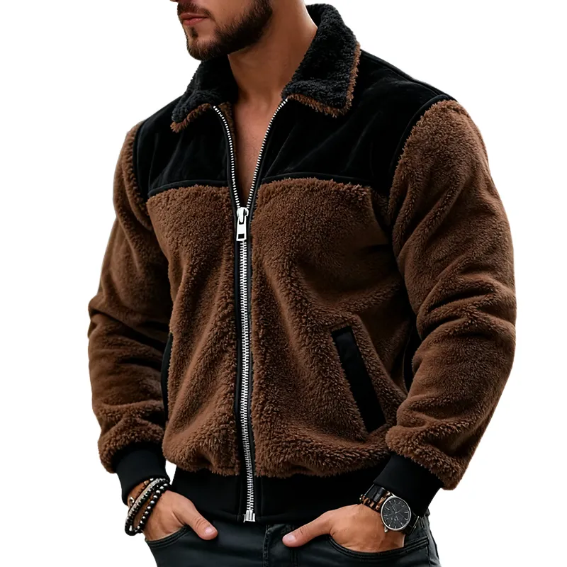 Men's Retro Casual Plush Colorblock Zipper Lapel Jacket MTA2493J2TO sold by Manly