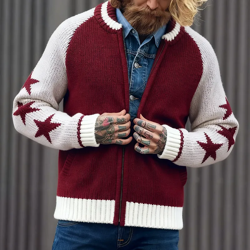 Men's Retro Casual Star Knit Colorblock Zipper Jacket Cardigan MTA2449J5TO sold by Manly product image thumbnail 2
