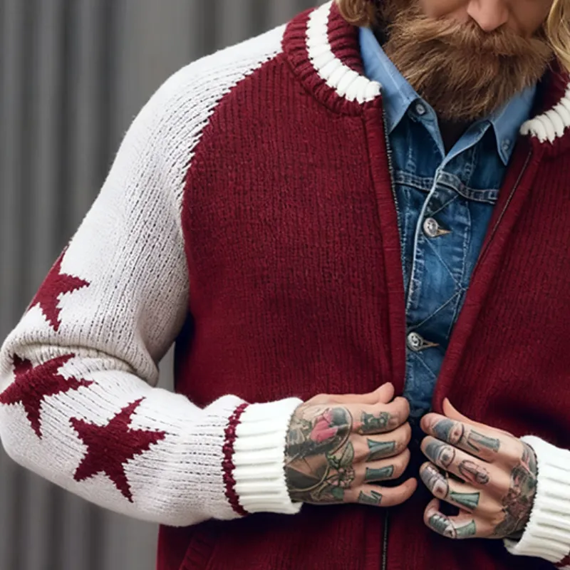 Men's Retro Casual Star Knit Colorblock Zipper Jacket Cardigan MTA2449J5TO sold by Manly product image thumbnail 3