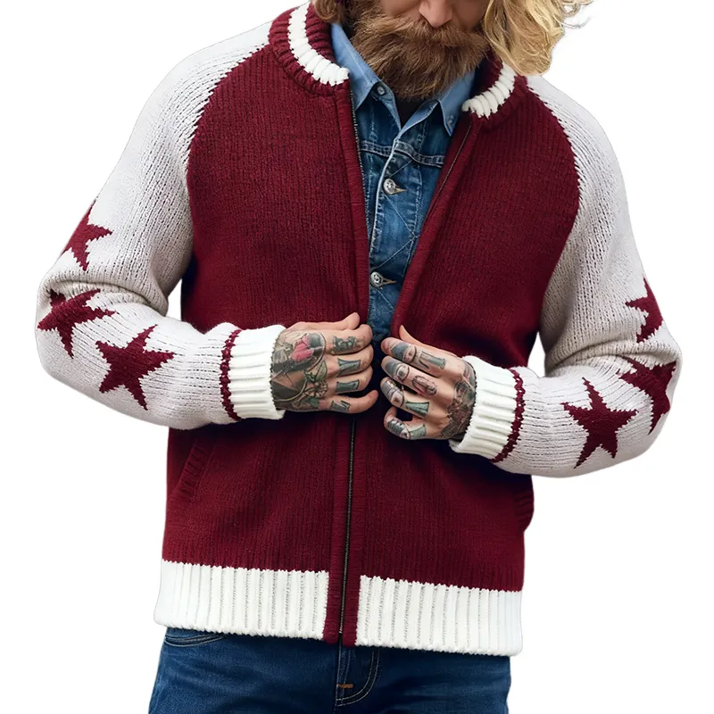 Men's Retro Casual Star Knit Colorblock Zipper Jacket Cardigan MTA2449J5TO sold by Manly