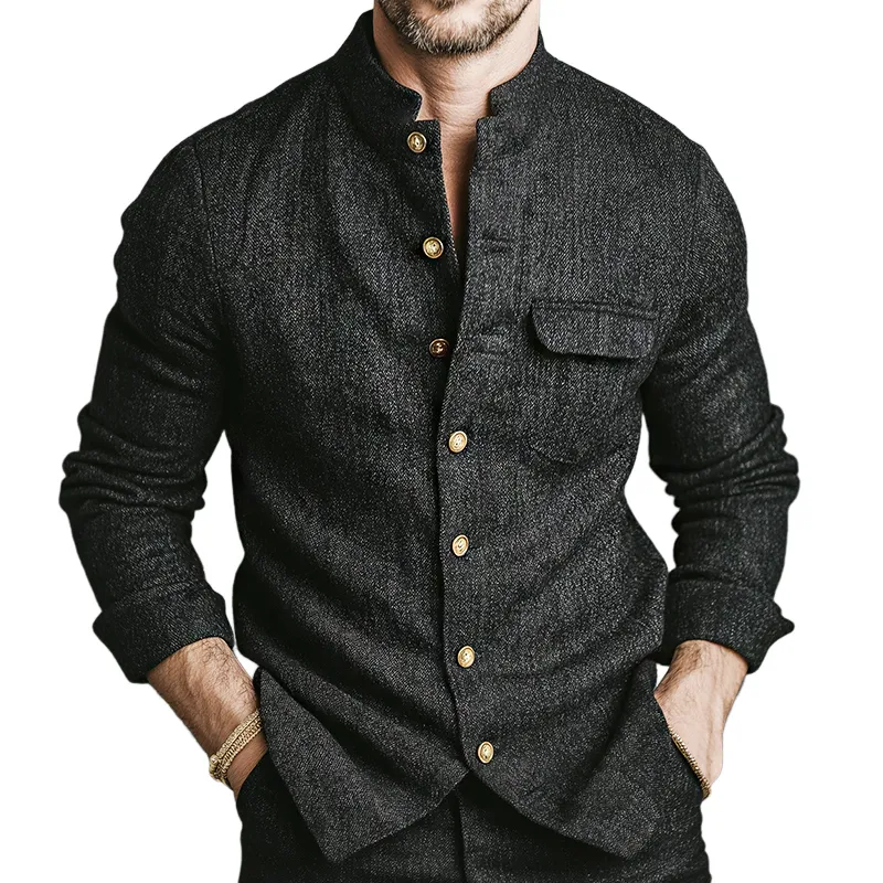 Men's Retro Casual Stand Collar Metal Button Long Sleeve Shirt MTA2435J8TO sold by Manly