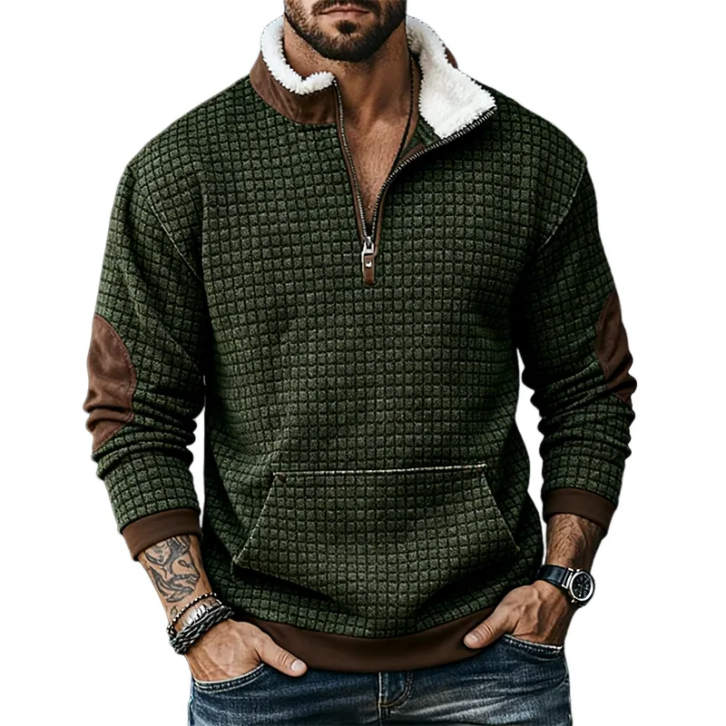 Men's Retro Casual Splicing Plush Stand Collar Long Sleeve Sweatshirt MTA2404J2TO sold by Manly