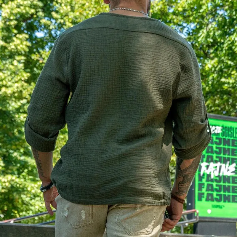 Men's Solid Cotton And Linen Lace-up Collar Long Sleeve Casual Shirt 94788021Z sold by Manly product image thumbnail 4